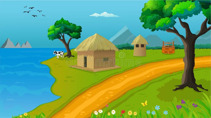 Village Cartoon Background Illustration with Cow, Cottage, Lake, Trees, and Narrow Road. Stock Vector - Illustration of agriculture, meadow: 254247263 Village Cartoon Background Illustration with Cow, Cottage, Lake, Trees, and Narrow Road. Stock Vector - Illustration of agriculture, meadow: 254247263