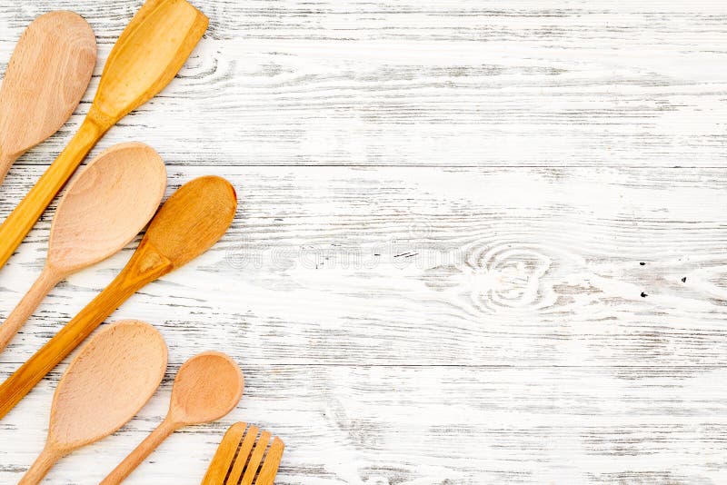 Village Table With Wooden Cutlery Set Rustic Background Top View Mockup Stock Image - Image of ...