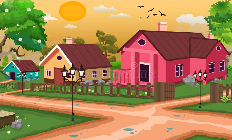 Village Cartoon Background Illustration. Stock Vector - Illustration of  cottage, panoramic: 252737407