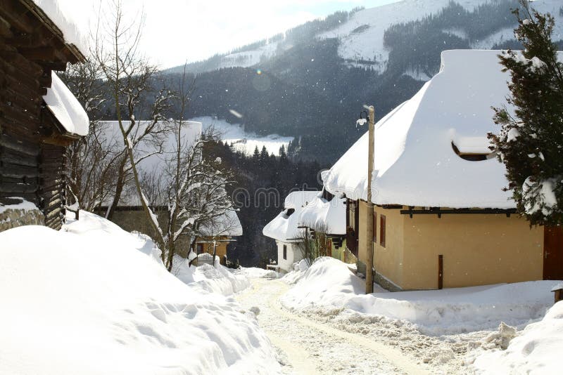 The village of Vlkolinec covered in snow