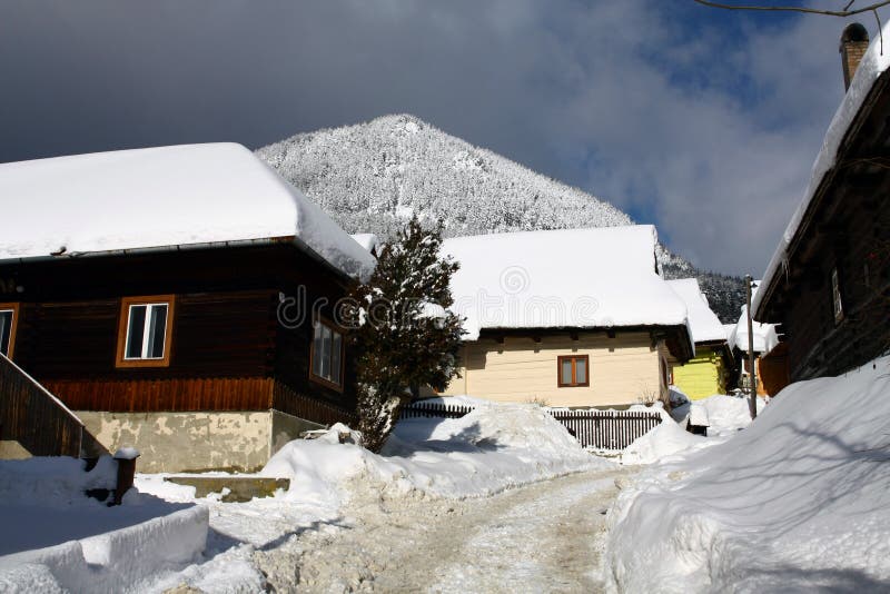 The village of Vlkolinec covered in snow