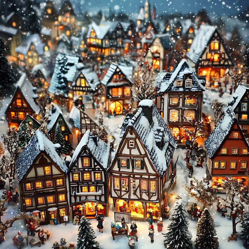 Villaggio della miniatura con nevicate e luci di Natale royalty illustrazione gratis