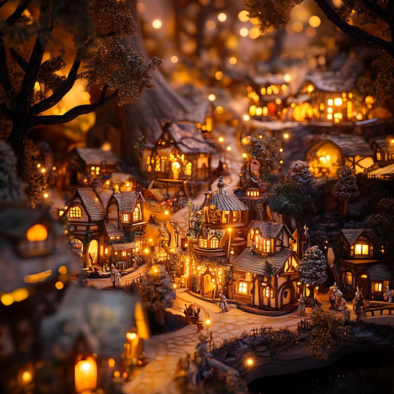 Villaggio minato con luci calde di notte illustrazione di stock