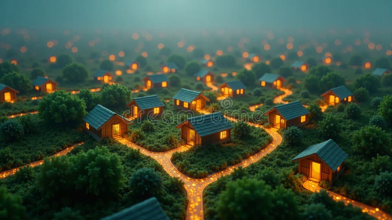 Villaggio in miniatura con case illuminate al tramonto illustrazione vettoriale