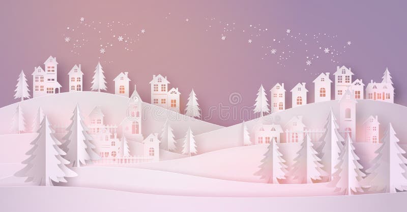 Winter Snow Urban Countryside Landscape City Village with fullmoon,Happy new year  and Merry christmas,paper art and cut style. Winter Snow Urban Countryside Landscape City Village with fullmoon,Happy new year  and Merry christmas,paper art and cut style