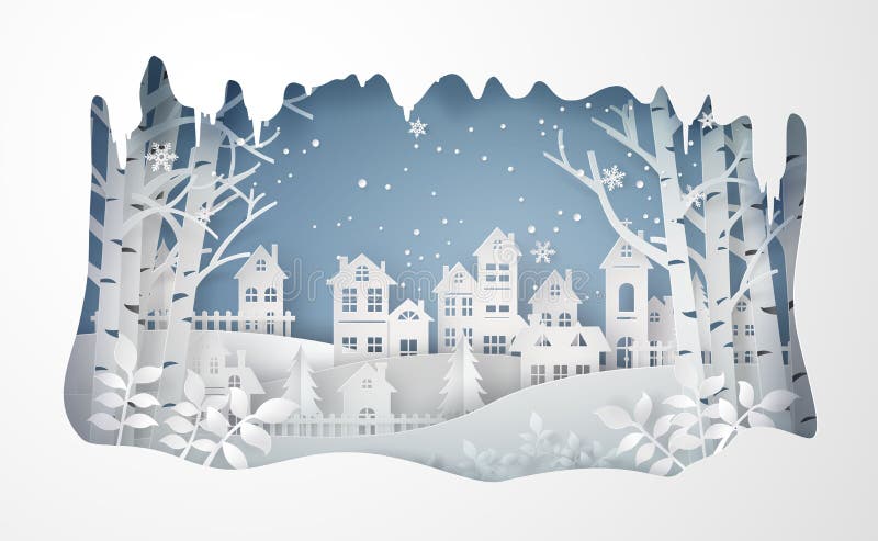 Winter Snow Urban Countryside Landscape City Village ,Happy new year and Merry Christmas,paper art and craft style. Winter Snow Urban Countryside Landscape City Village ,Happy new year and Merry Christmas,paper art and craft style