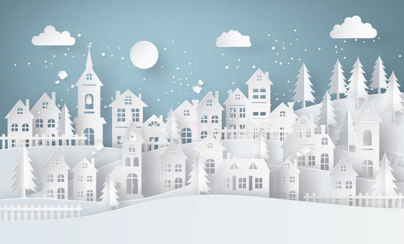 Winter Snow Urban Countryside Landscape City Village with ful lmoon,paper art and craft style. Winter Snow Urban Countryside Landscape City Village with ful lmoon,paper art and craft style.