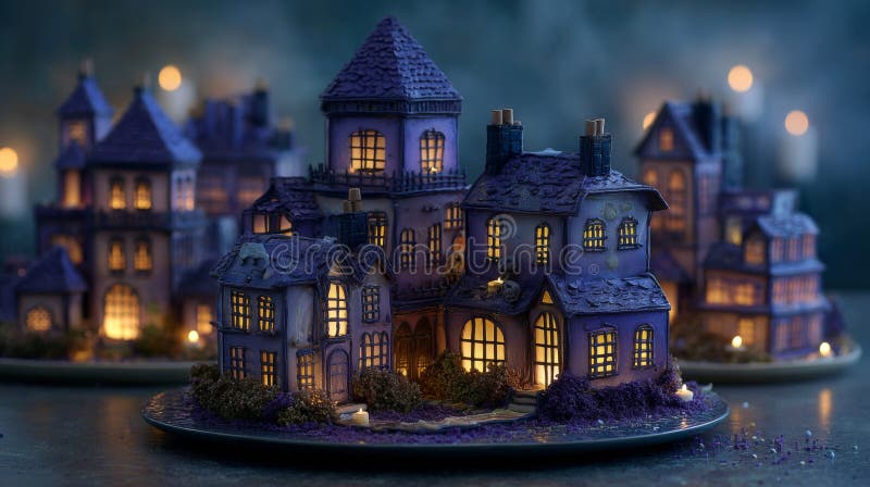 Villaggio viola di notte con luci calde illustrazione di stock