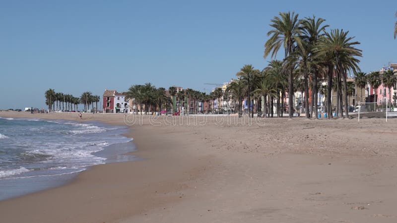 Villajoyosa beach Spain with palm trees sand and waves Costa Blanca Alicante