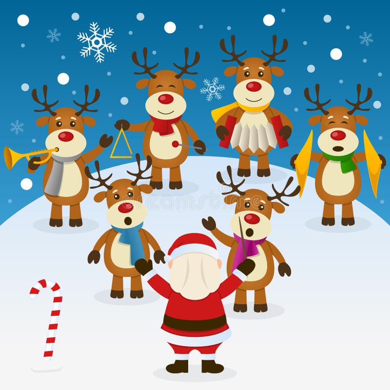 A funny cartoon Christmas orchestra with six cute reindeer characters playing musical instruments and singing carols and Santa Claus as orchestra leader, in a snowy scene. Eps file available. A funny cartoon Christmas orchestra with six cute reindeer characters playing musical instruments and singing carols and Santa Claus as orchestra leader, in a snowy scene. Eps file available.