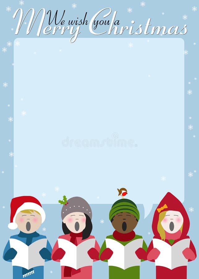 Poster with children in winter clothes singing Christmas carols. Room left for text. Poster with children in winter clothes singing Christmas carols. Room left for text