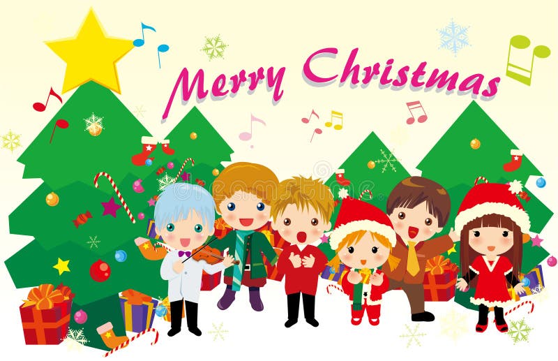 Illustration of kids singing carols and christmas tree. Illustration of kids singing carols and christmas tree