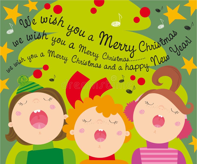 Illustration of christmas tree and kids singing carols. Illustration of christmas tree and kids singing carols