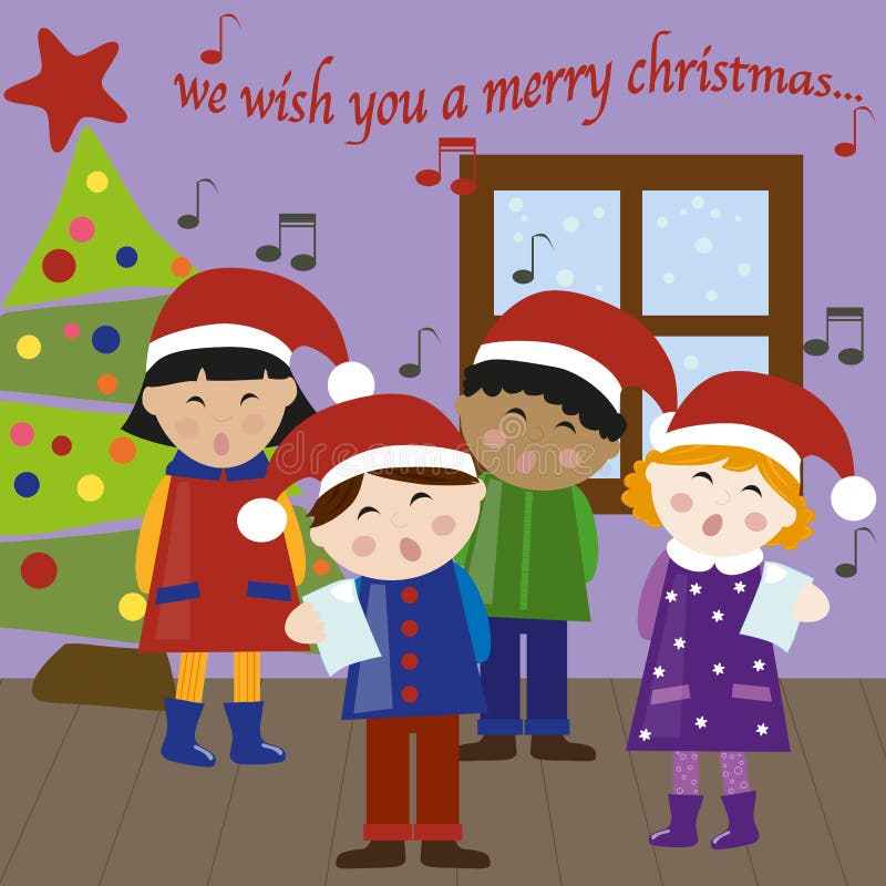 Indoor scene with christmas tree and a group of multicultural children singing together with santa hat. eps available. Indoor scene with christmas tree and a group of multicultural children singing together with santa hat. eps available.