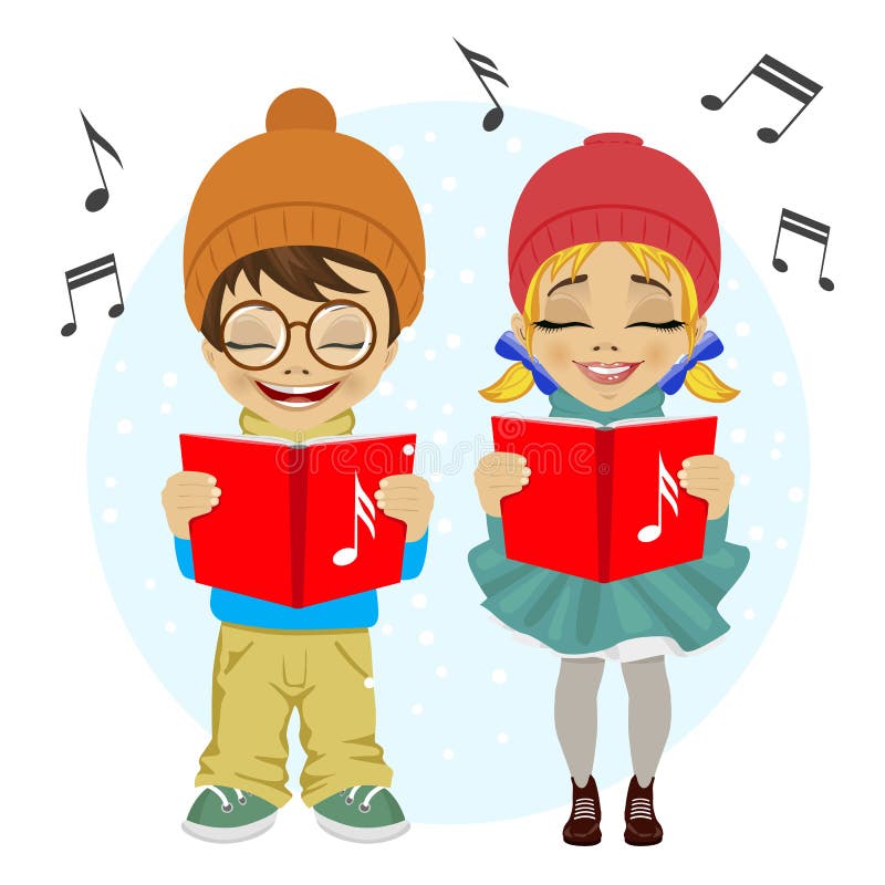 Little boy and girl singing Christmas carols. Vector illustration on white background. Little boy and girl singing Christmas carols. Vector illustration on white background.