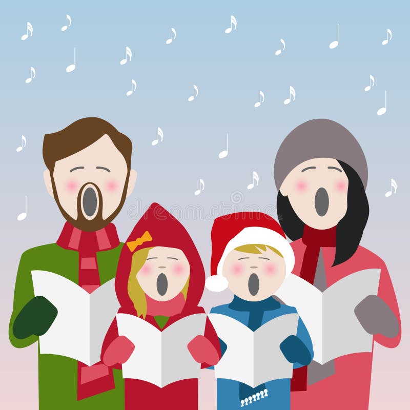 Family in winter clothes singing Christmas carols from a song sheet. Family in winter clothes singing Christmas carols from a song sheet