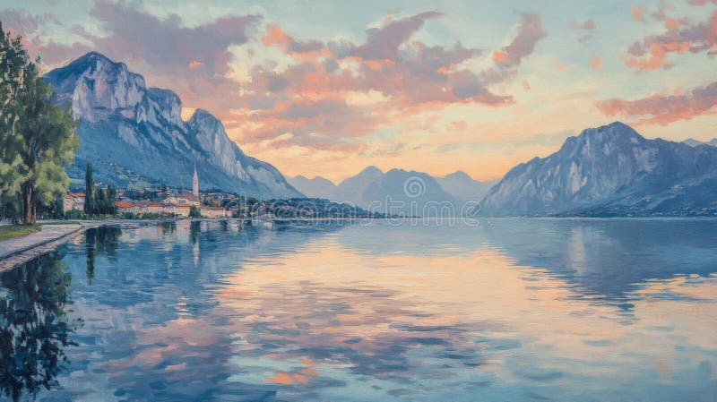 Ville de Lakeside dans les montagnes paisibles Sunrise Reflétant illustration stock