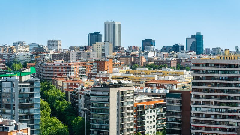 Cityscape of the city of Madrid in a drone view with residential and office buildings, Spain. Cityscape of the city of Madrid in a drone view with residential and office buildings, Spain