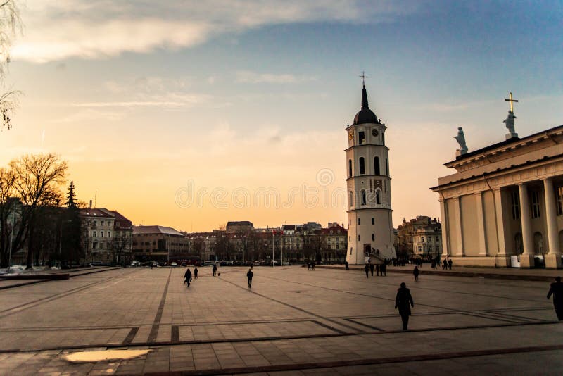 Vilnius Cathedral Square with sunset stock image
