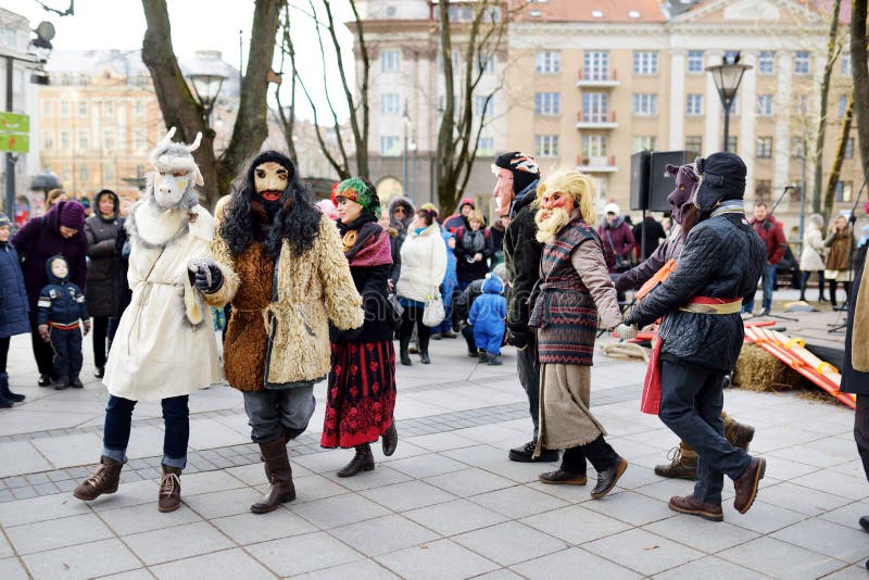 VILNIUS, LITHUANIA - FEBRUARY 25, 2017: Hundreds of people celebrating Uzgavenes, a Lithuanian annual folk festival taking place b