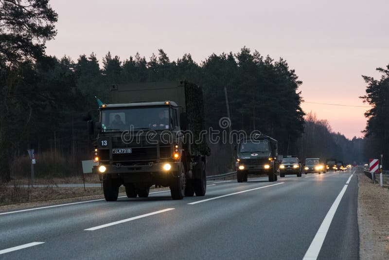 VILNIUS, LITHUANIA - NOVEMBER 11, 2017: Lithuanian Army Convoy drives on highway