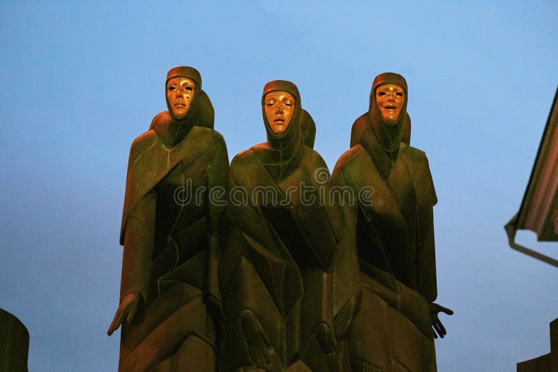 Vilnius, Lithuania - November 5, 2017: Sculpture Three Muses National Drama Theater.