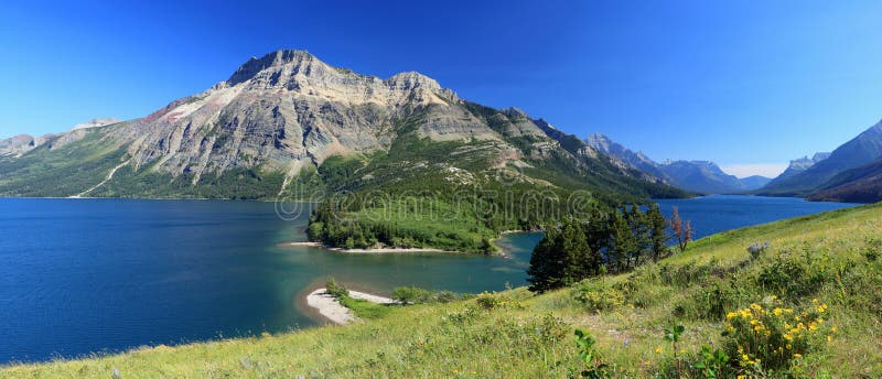 Waterton Lakes National Park, Alberta, Canada - Landscape Panorama of Vimy Peak and Rocky Mountain Lakes from Glacial Moraine stock photography Waterton Lakes National Park, Alberta, Canada - Landscape Panorama of Vimy Peak and Rocky Mountain Lakes from Glacial Moraine stock photography