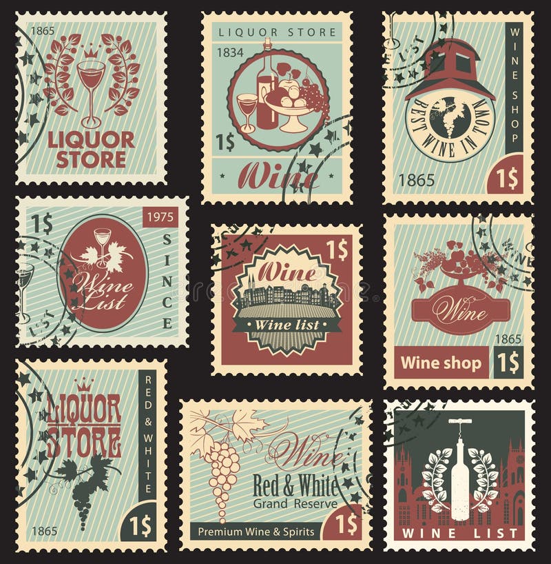 Set of postal stamps on theme of wine and liquor. Set of postal stamps on theme of wine and liquor