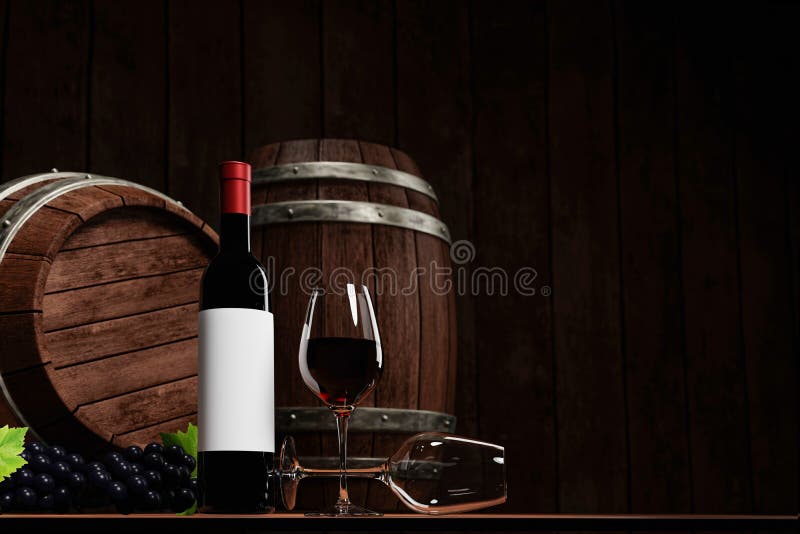 Vin Rouge Dans Un Grand Verre Transparent à Côté De La Bouteille De Vin  Foncé. Cuve De Fermentation De Vin En Bois. Tonneau En Boi Illustration  Stock - Illustration du tonneau, conteneur