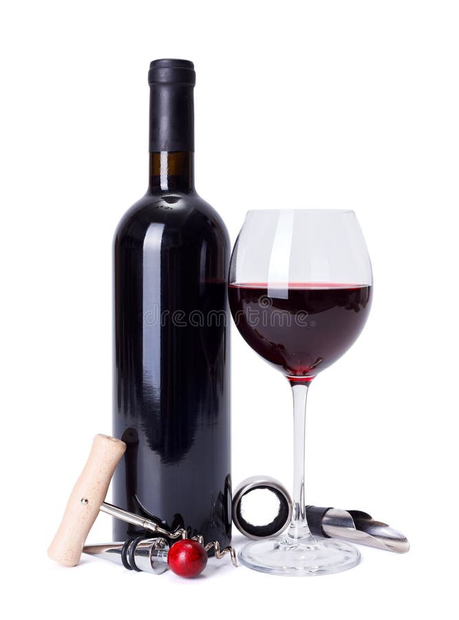 Red wine in bottle and glass, tools around. Red wine in bottle and glass, tools around