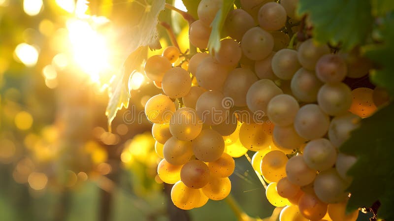 Vinacce di uva matura baciate in una luce dorata. abbondanza di natanti catturata in un'impostazione di vigneto. perfetto per immagini stock