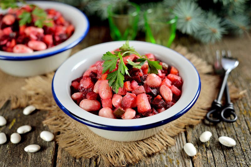 Vinagrete ucraniano tradicional da salada de beterrabas fervidas, dos feijões brancos, das cenouras, de pepinos ácidos e de batat fotografia de stock royalty free Vinagrete ucraniano tradicional da salada de beterrabas fervidas, dos feijões brancos, das cenouras, de pepinos ácidos e de batat fotografia de stock royalty free