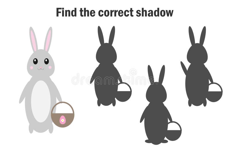 Vind de correcte schaduw, Pasen-spel voor kinderen, konijntje in beeldverhaalstijl, onderwijsspel voor jonge geitjes, peuteraante vector illustratie Vind de correcte schaduw, Pasen-spel voor kinderen, konijntje in beeldverhaalstijl, onderwijsspel voor jonge geitjes, peuteraante vector illustratie