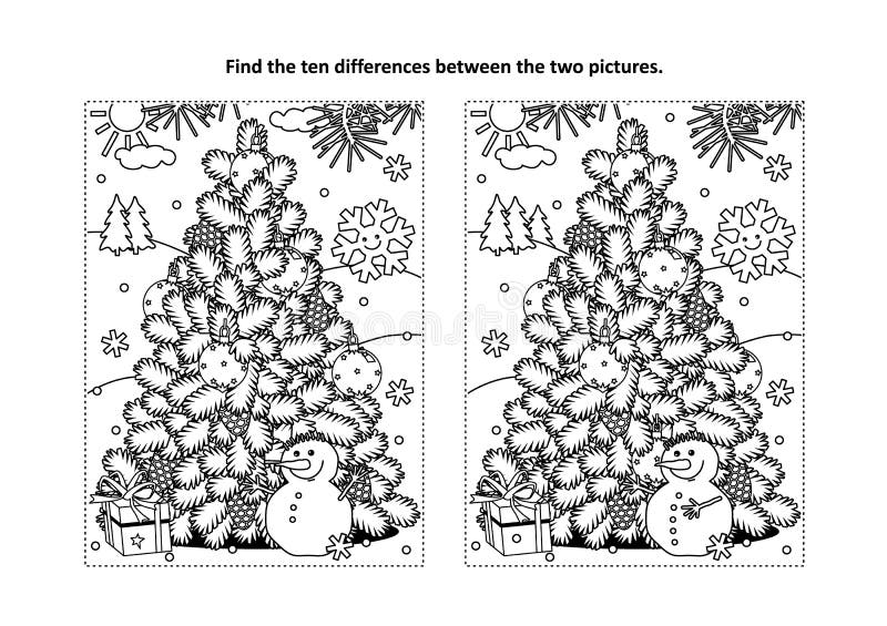 Vind het verschillen visuele raadsel en de kleurende pagina met Kerstmisboom, sneeuwman, gift