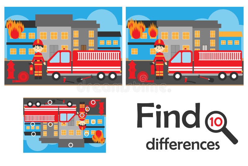 Vind 10 verschillen, spel voor kinderen, brand en brandweermanbeeldverhaalstijl, onderwijsspel voor jonge geitjes, peuteraanteken royalty-vrije illustratie Vind 10 verschillen, spel voor kinderen, brand en brandweermanbeeldverhaalstijl, onderwijsspel voor jonge geitjes, peuteraanteken royalty-vrije illustratie