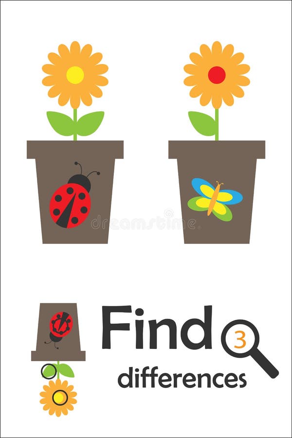 Vind 3 verschillen, spel voor kinderen, pot met bloem in beeldverhaalstijl, onderwijsspel voor jonge geitjes, peuteraantekenvelac vector illustratie Vind 3 verschillen, spel voor kinderen, pot met bloem in beeldverhaalstijl, onderwijsspel voor jonge geitjes, peuteraantekenvelac vector illustratie