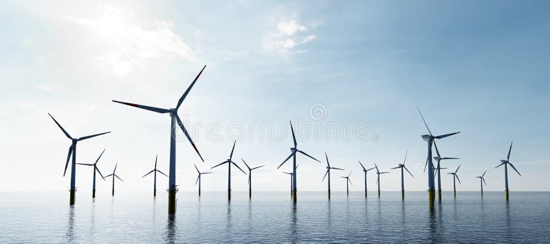 Vindkraftverk till havs på havet. hållbar energi arkivfoto