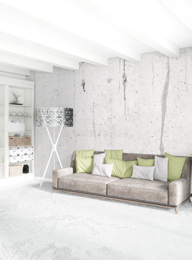 Vindsovrum i modern stilinredesign med den eklektiska väggen och den stilfulla soffan framförande 3d stock illustrationer Vindsovrum i modern stilinredesign med den eklektiska väggen och den stilfulla soffan framförande 3d stock illustrationer