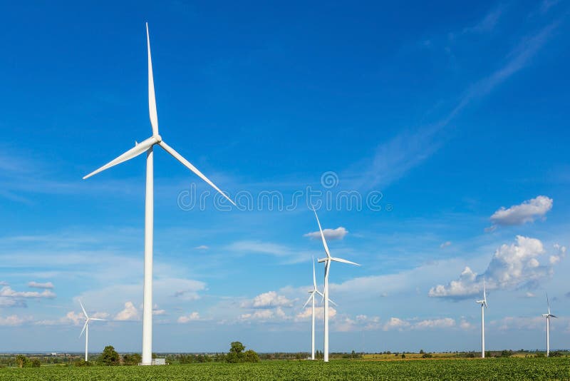 Vindturbiner i fältet mot blå himmel som frambringar elektricitet arkivbilder Vindturbiner i fältet mot blå himmel som frambringar elektricitet arkivbilder