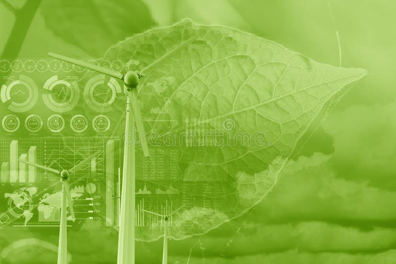 Vindturbinövertäckning med växtblad och datafält för miljövänlig teknik för miljövänlig energi arkivbild