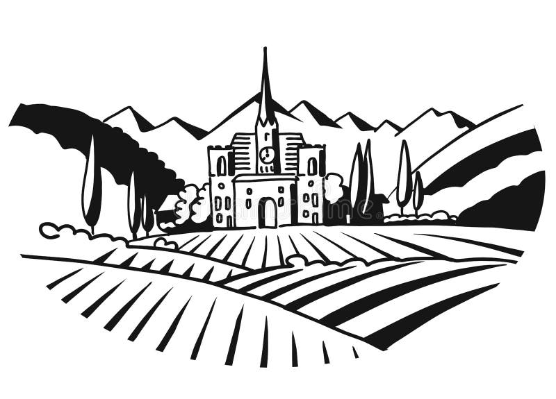Vineyard Illustration Iconographic Black White Sketched stock illustration