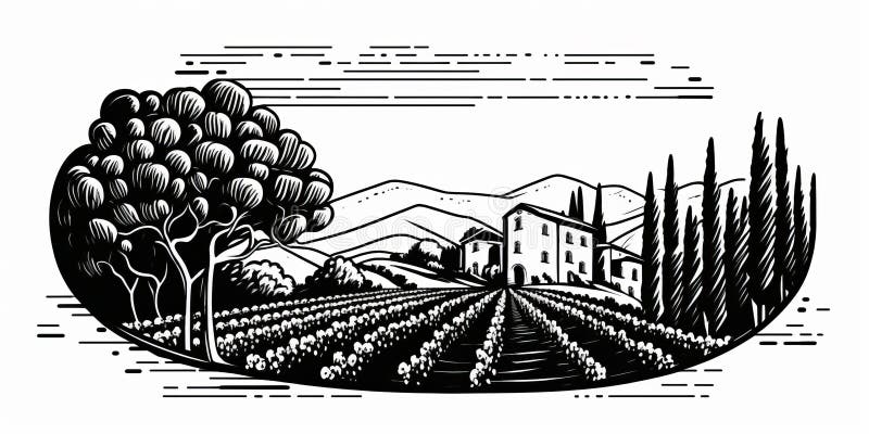 Vineyard with Rows of Grape Vines and House. Simple Line Drawing