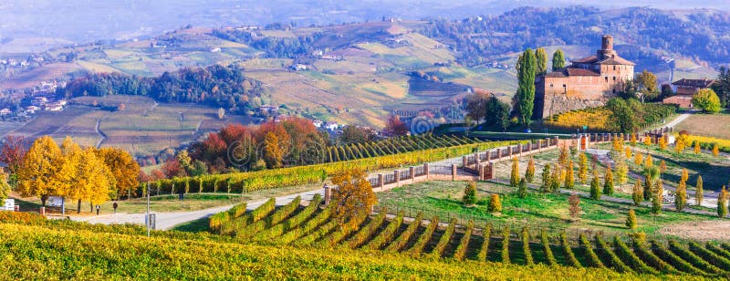 Impressive multicolored vineyards and oldcastle,Piemonte,Italy. Impressive multicolored vineyards and oldcastle,Piemonte,Italy.