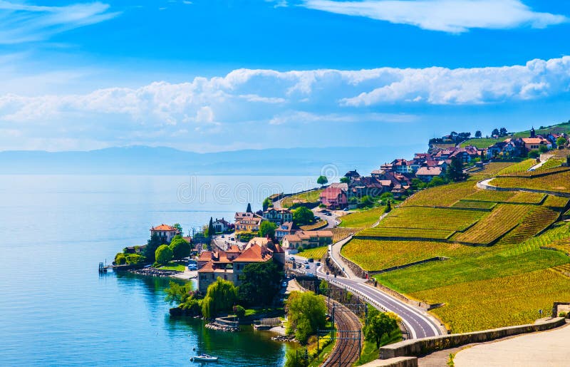 Vineyards and village in Lavaux against Geneva lake, Switzerland stock image Vineyards and village in Lavaux against Geneva lake, Switzerland stock image