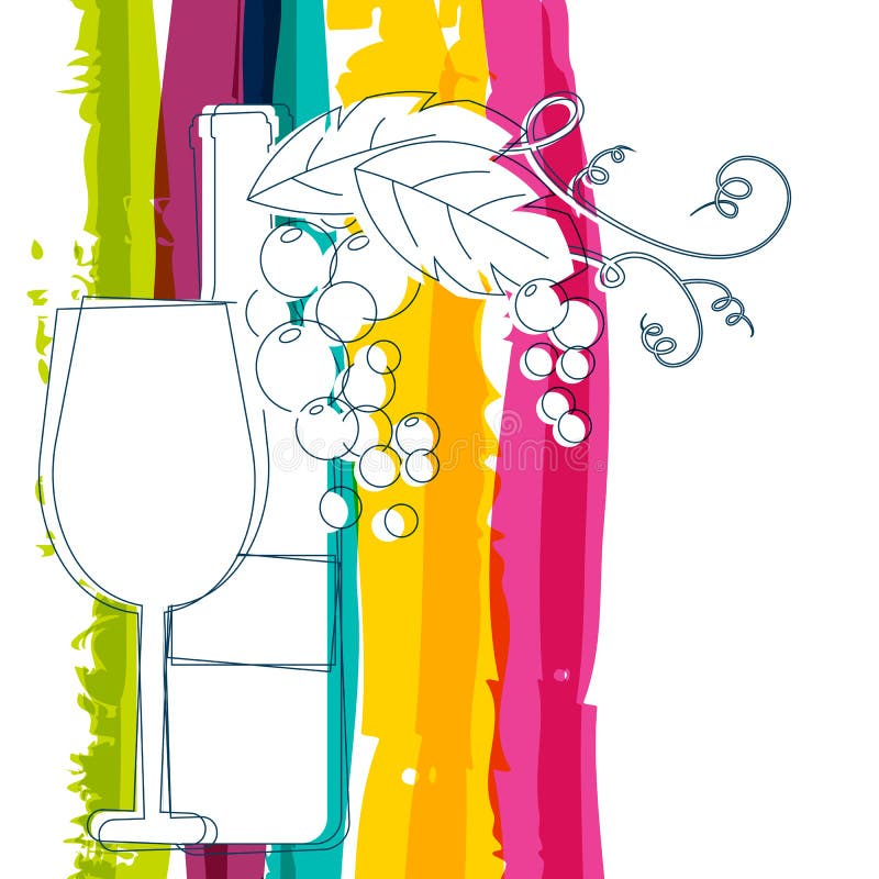 Vinflaska, exponeringsglas, filial av druvan med sidor och regnbågestri