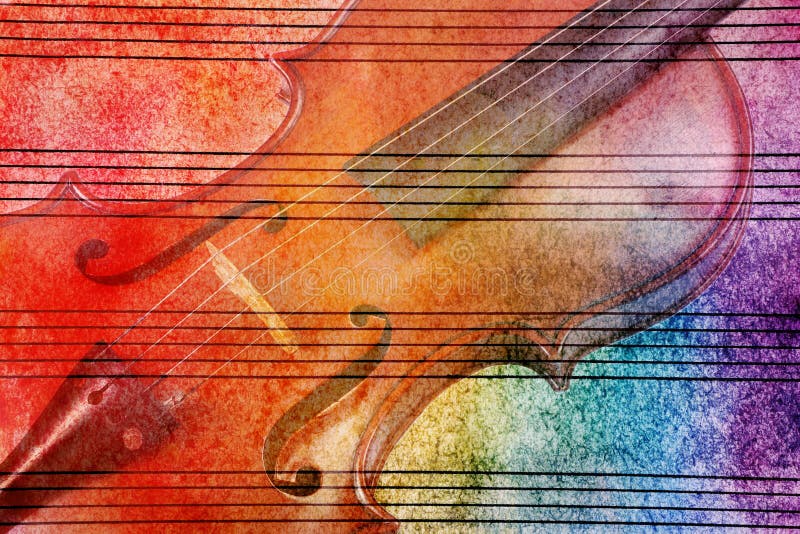 Vinjolinbakgrund. melodiskt begrepp. Gamla musikblad i färgade vattenfärgsfärger och violin. abstrakt färglös vattenfärg b