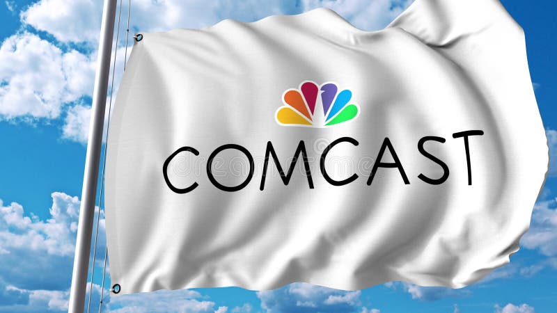 Vinkande flagga med den Comcast logoen Editoial 3D tolkning stock illustrationer Vinkande flagga med den Comcast logoen Editoial 3D tolkning stock illustrationer