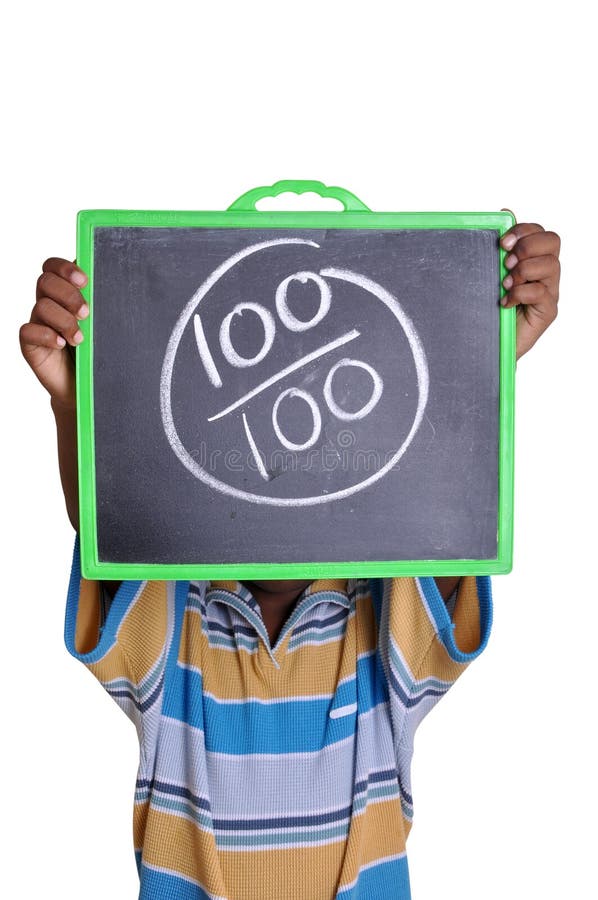 Young boy holding the slate showing hundred marks - clipping path included. Young boy holding the slate showing hundred marks - clipping path included