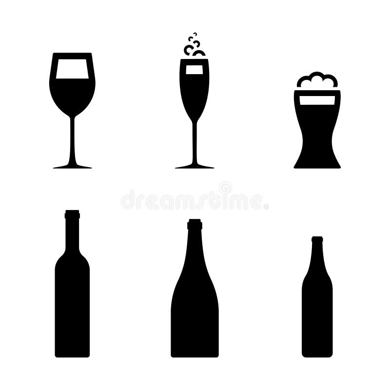 Wine, beer, champagne glass icon set. Bottle of different drinks black symbol pictogram. Wine, beer, champagne glass icon set. Bottle of different drinks black symbol pictogram