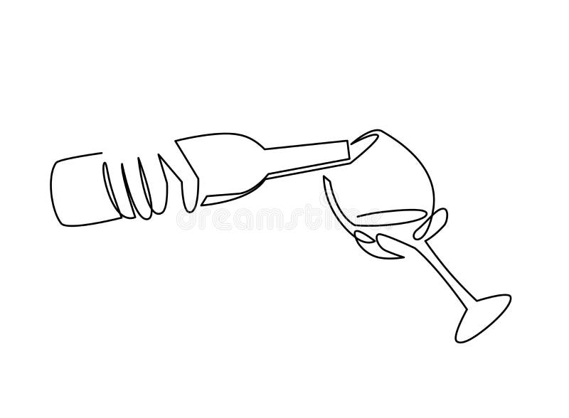 Vino de colada continuo del dibujo lineal de la botella al vidrio Botella de alcohol en las manos de un camarero libre illustration